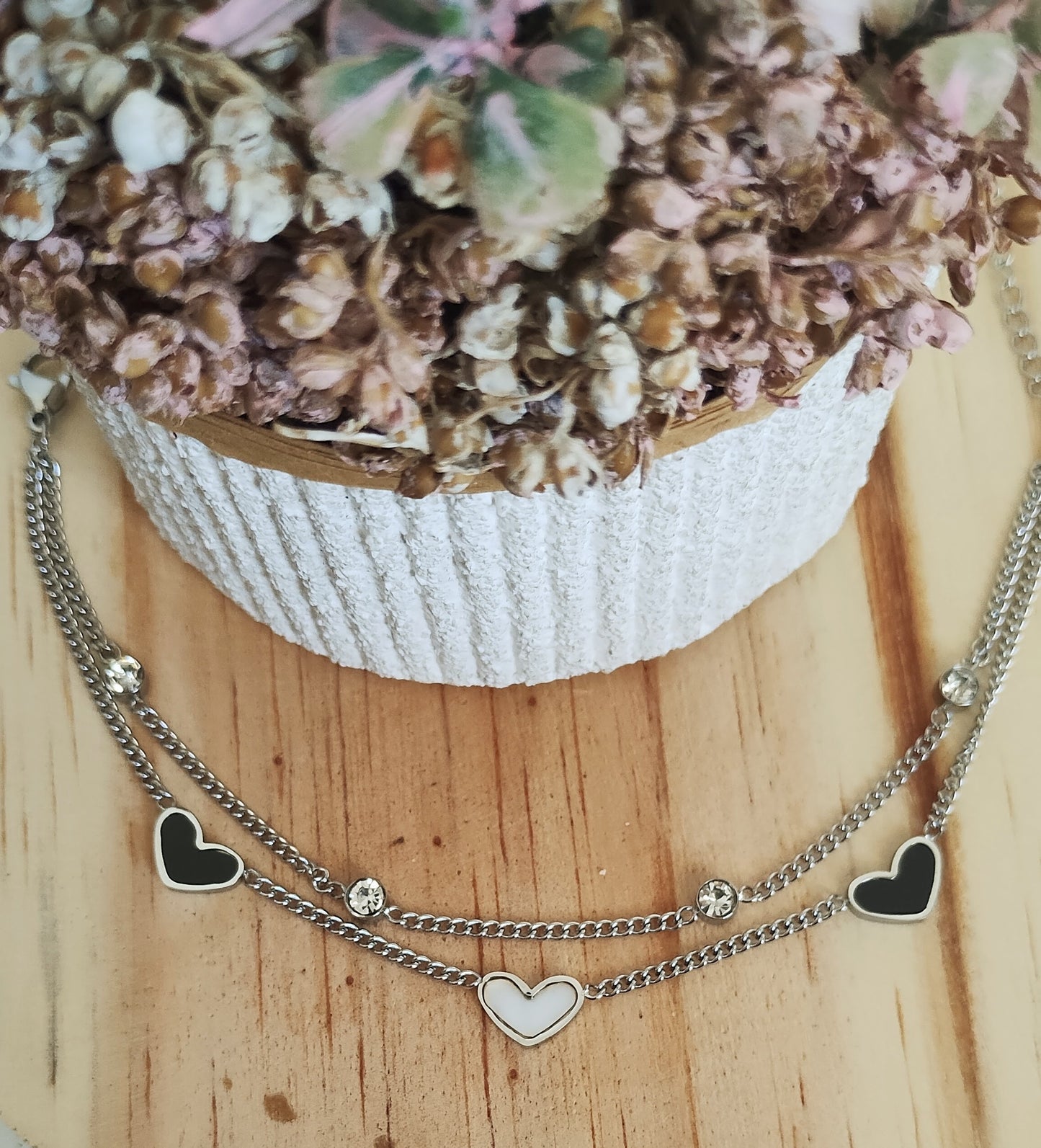 Pulseira dupla corações e zircônias